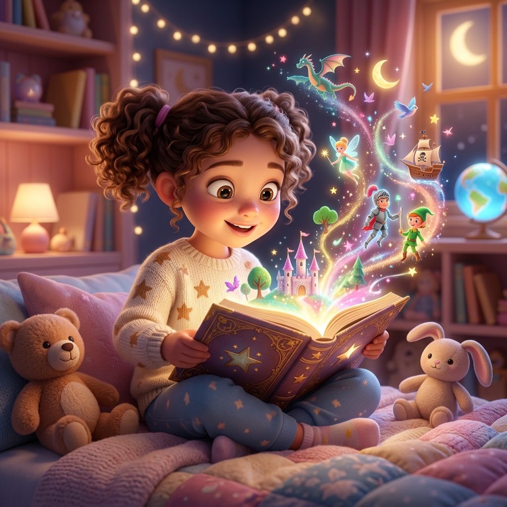 A cute child opening a magical storybook with glowing light
